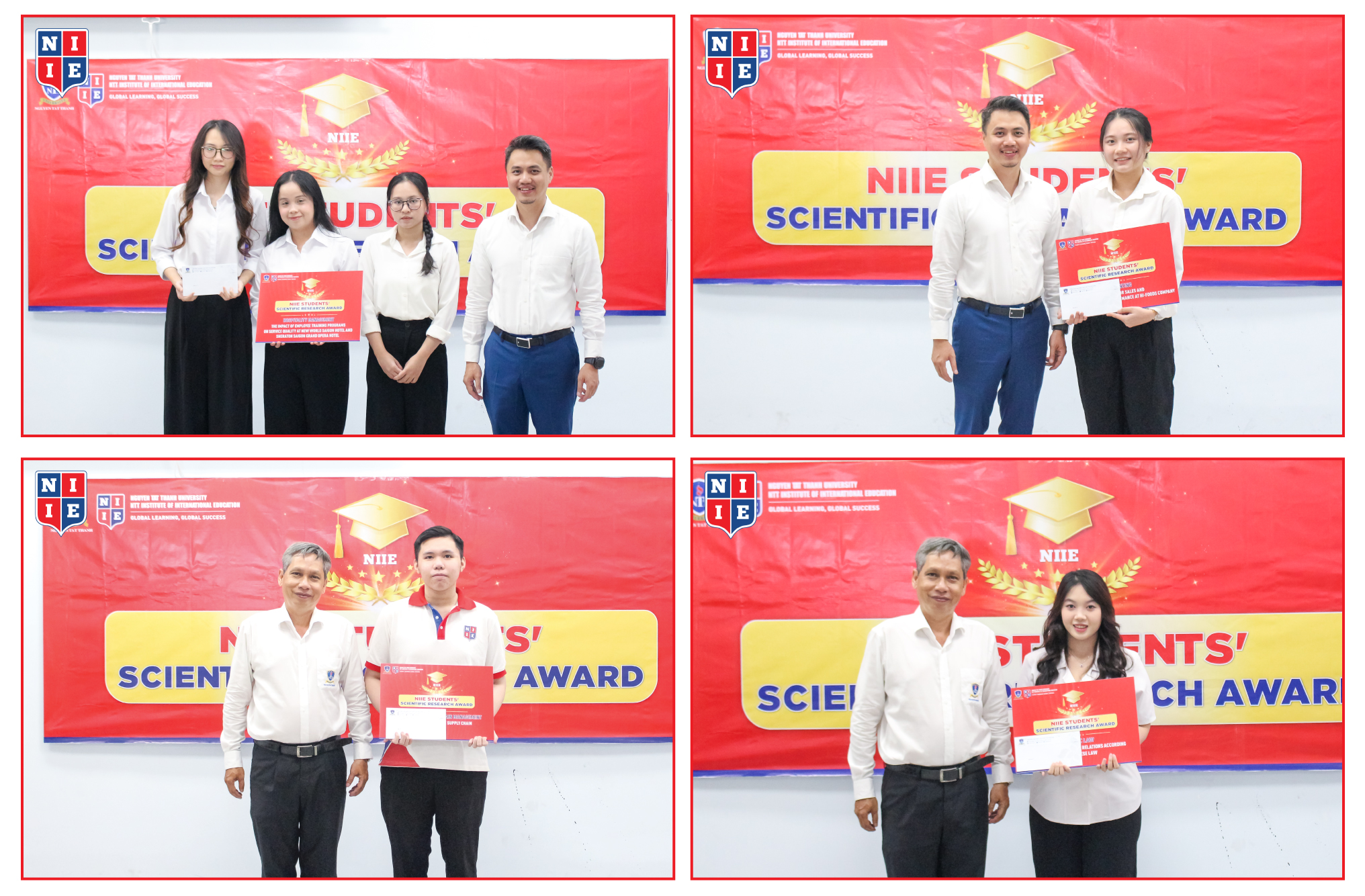 Hình ảnh các nhóm được vinh danh ngành Quản trị khách sạn, Kế toán, Logistics và Quản lý chuỗi cung ứng, Luật kinh tế.